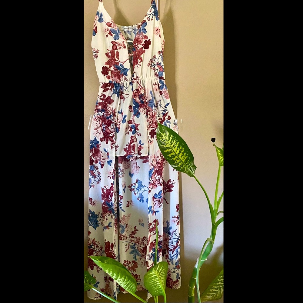 Fashion Nova Floral Shorts Romper with Maxi Skirt Overlay Front Slit Sleeveless